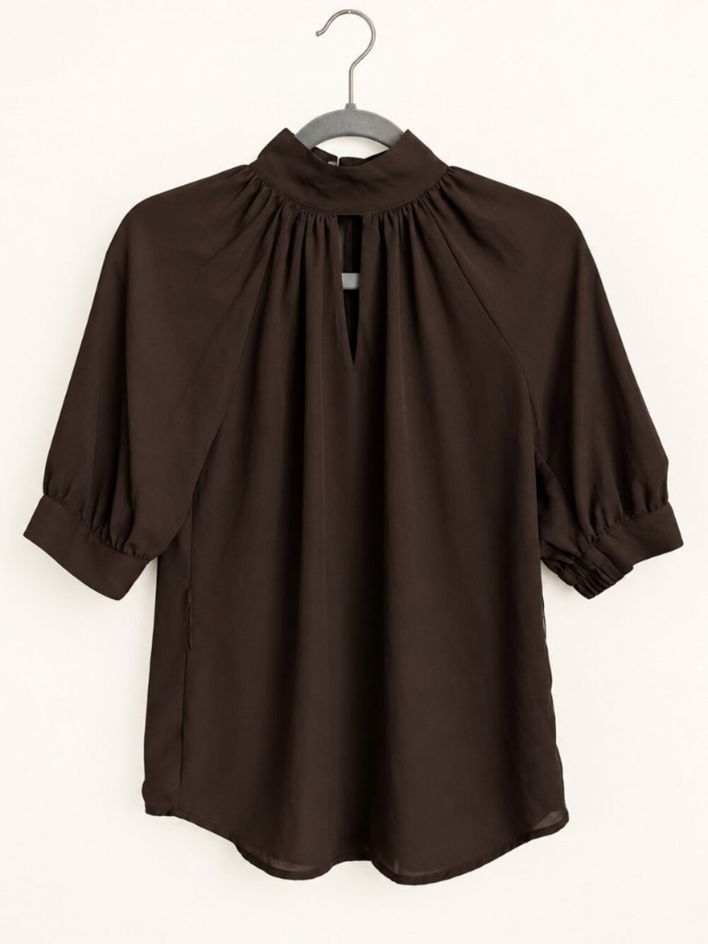 New York & Company Chocolate Brown Gathered Puff Sleeve Blouse XS
